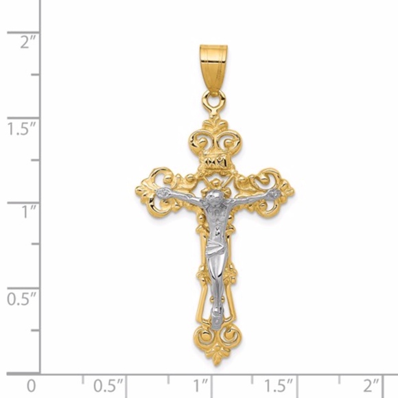 14k Two-Tone INRI Fleur De Lis Crucifix Pendant - Picture 3 of 3